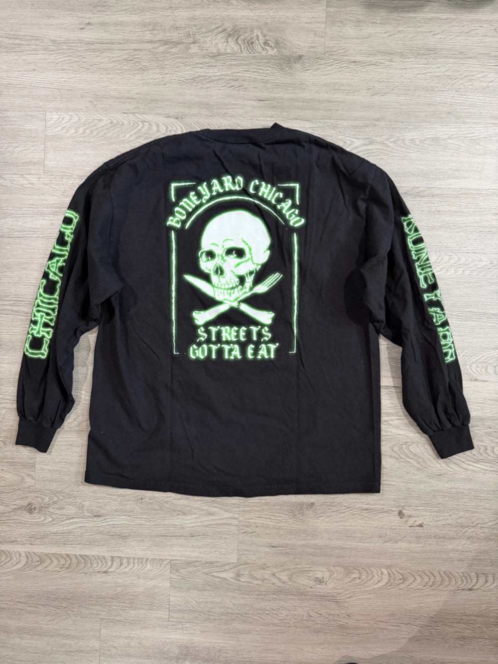 Boneyard Chicago Black Long-Sleeve Shirt with Neon Green Skull Graphic